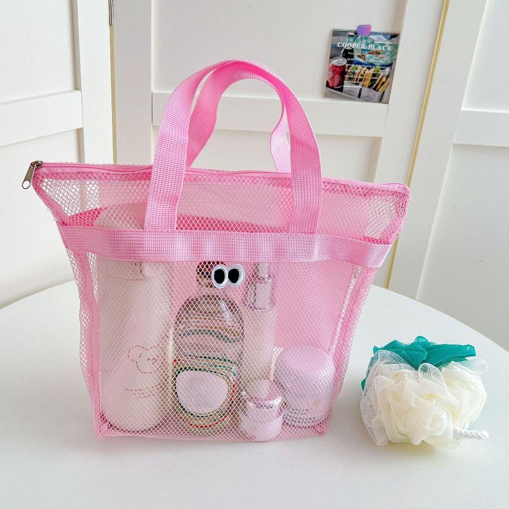

New Large Capacity Mesh Wash Bag Cute Foldable Beach Handbags Breathable Cosmetic Bag розовый