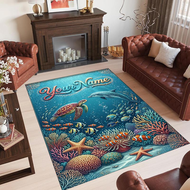 Mermaid Underwater Theme Crystal Velvet Rug Personalized Custom Name Text Soft Floor Mat Home Decor