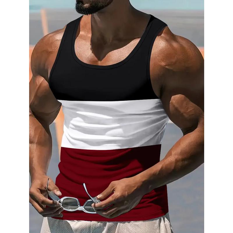 Sommar Rundhalsad 3D Färgstarka Ränder Färgblock Mönster Tryckt Topp Trendig Vardaglig Ärmlös Väst Herr T-shirts