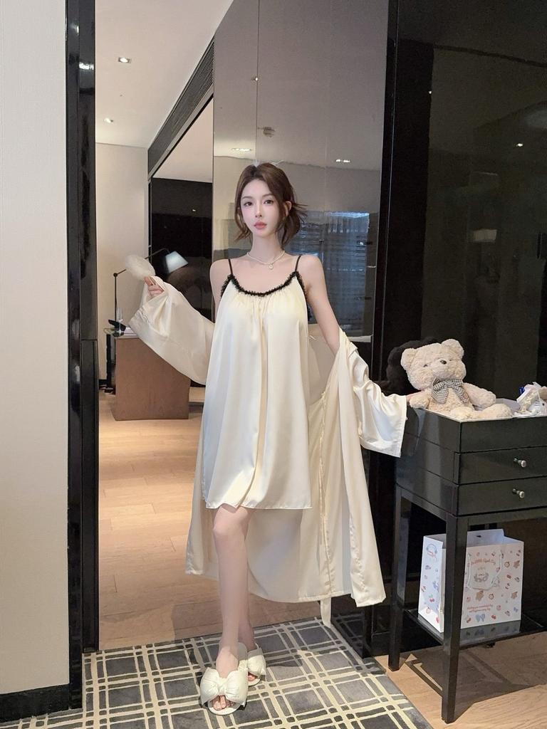Summer New Ice Silk Sexy Nightgown Women's Thin Comfortable Suspender Nightgown Loungewear Two-piece Set with Chest Pad