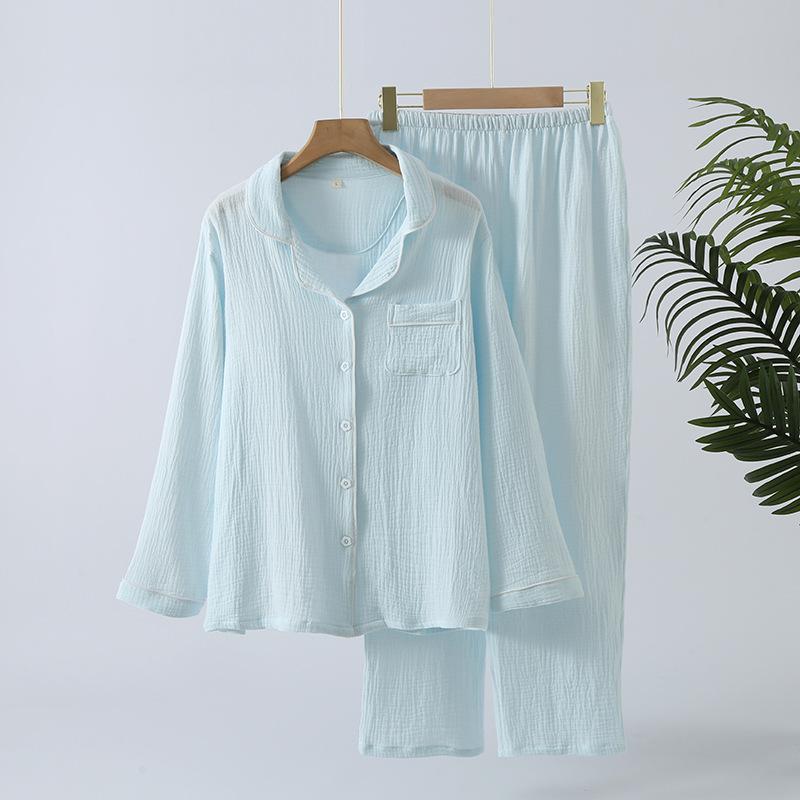 Spring and Autumn New Women's Pajama Set 100% Cotton Solid Color Lapel Long Sleeved Pants Home Furnishing Two Piece Set
