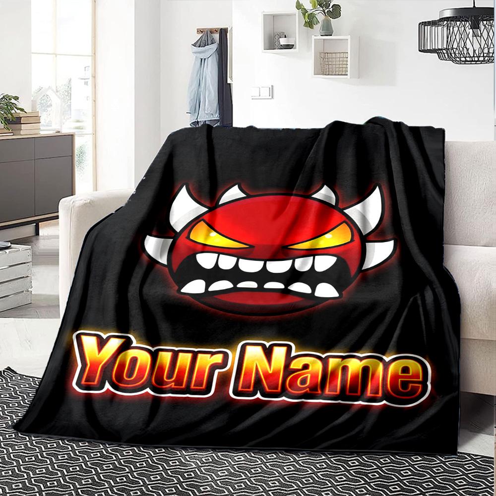 1pc Geometry Dash Blanket with Custom Name, Gift, for Men and Women, Soft Blanket, Good for Sofa Bed Couch Travel, Lightweight Flannel Blanket