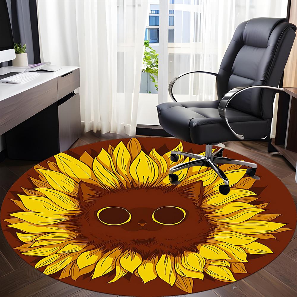 1pc Sunflower Cat Office Round Area Rug,  Mat Suitable For Office, Under Office Chairs Bedroom Living Room Home Decor, Room Deco