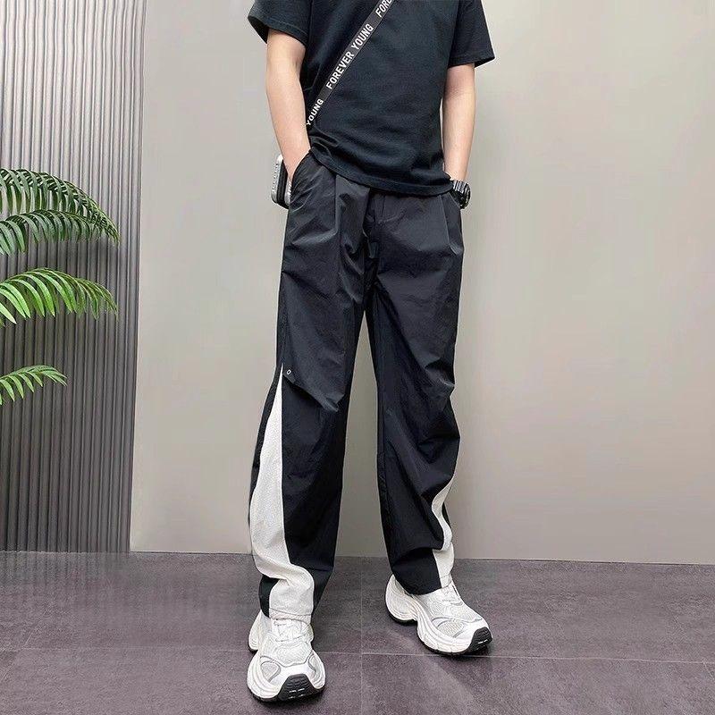 Autumn and Winter Elastic High-waist Pocket Fashion Casual Men's Splicing Striped Wide-leg Loose Straight Sports Pants