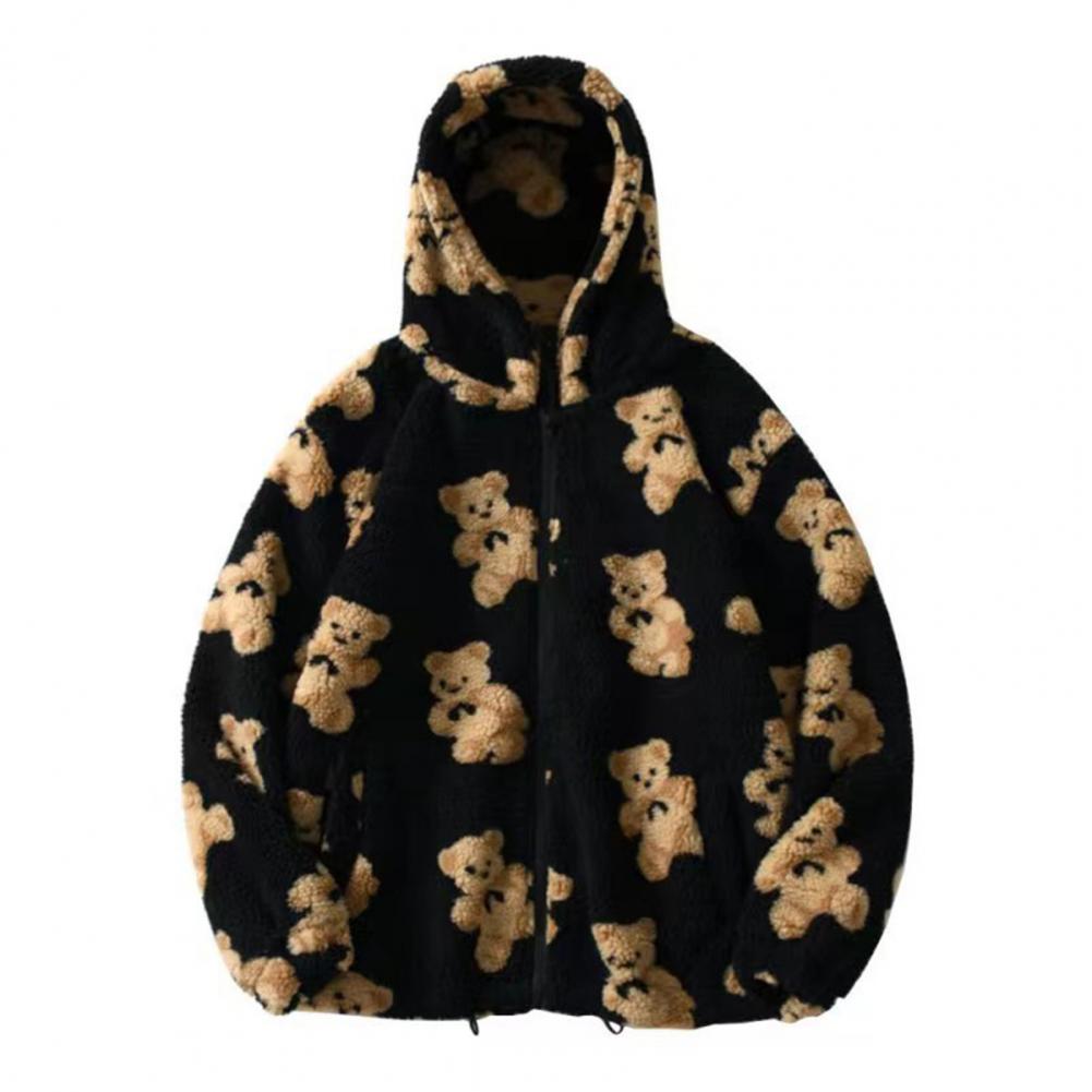 Women Autumn Winter Fleece Hooded Jacket with Drawstring Long Sleeve Pockets Zipper Placket Plush Sweatshirt Coat Heart Bear Pri