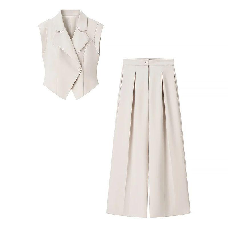 

Autumn New Women s Clothing Minimalist Style Lapel Sleeveless Fitted Waist Vest Tops + Casual Long Wide-Leg Pants Suit White Suit L