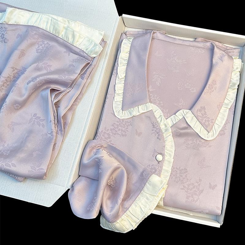 French Sweet Wind Floral Ice Silk Long-Sleeved Pajamas Women'S Spring And Autumn Ruffle Leaf Loungewear Set