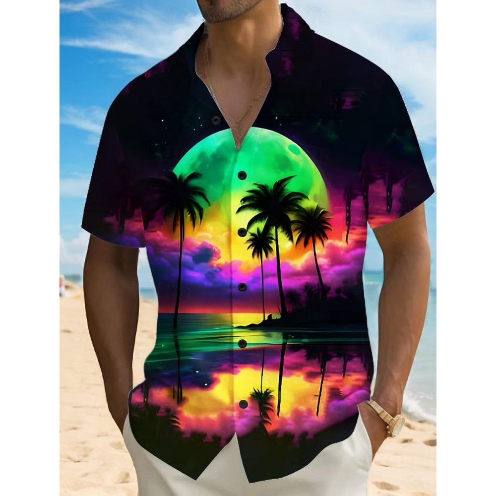 Fashion Men's Hawaiian Shirt 3D Printed Landscape Tropical Plants Shirt Short Sleeved Summer Casual Aloha Shirt for Mens