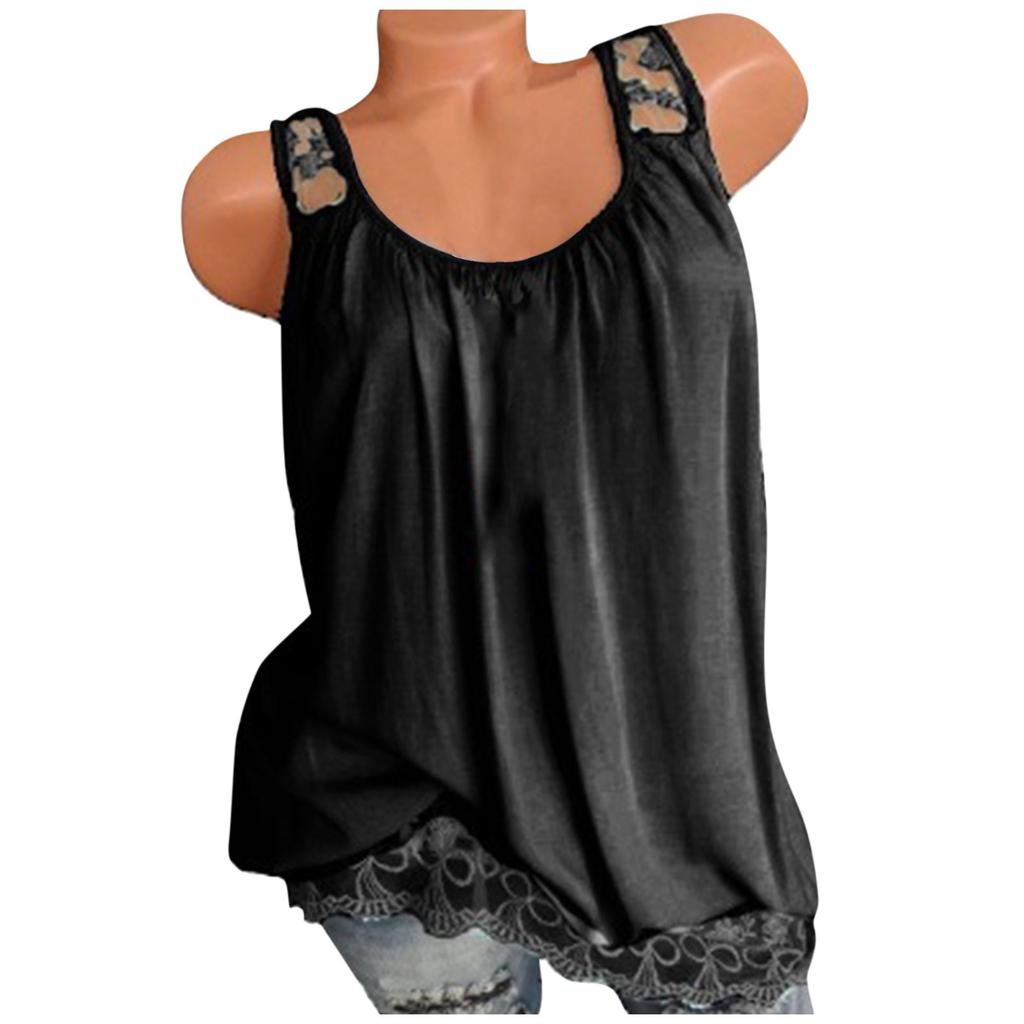 Women Summer 2022 Sleeveless Casual Solid Color O-Neck Lace Hem T-Shirt Tops Blouse