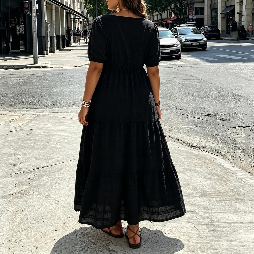 Women Plus Size Bohemian Maxi Dress Square Neck Puff Sleeve Loose Fit Casual Long Dress for Summer Beachwear