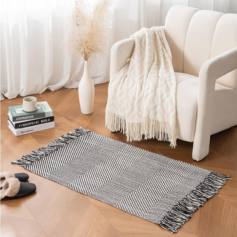 Twin-cord Knitted Rugs for Living Room Cotton Linen Kitchen Mat Tassel Bedroom Door Floor Mats Bedside Carpet Rugs No Fading