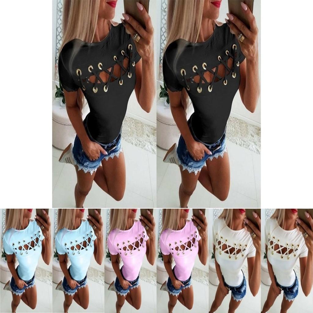 Elegant Sexy Ladies Women's Short Sleeve Cross Lace Up Bodycon Blouse Tops Slim T-shirt