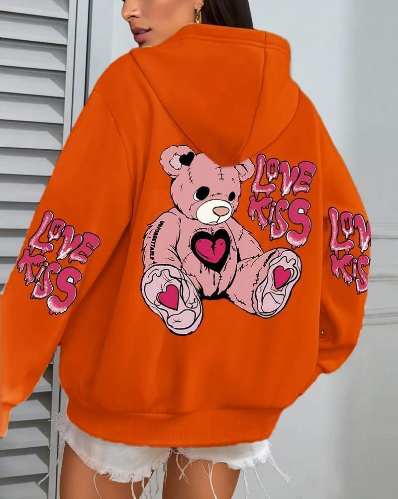 Women's Pink Love Kiss Letter Print Hoodie - Autumn Casual Loose Fit Fleece Pullover with Pocket.