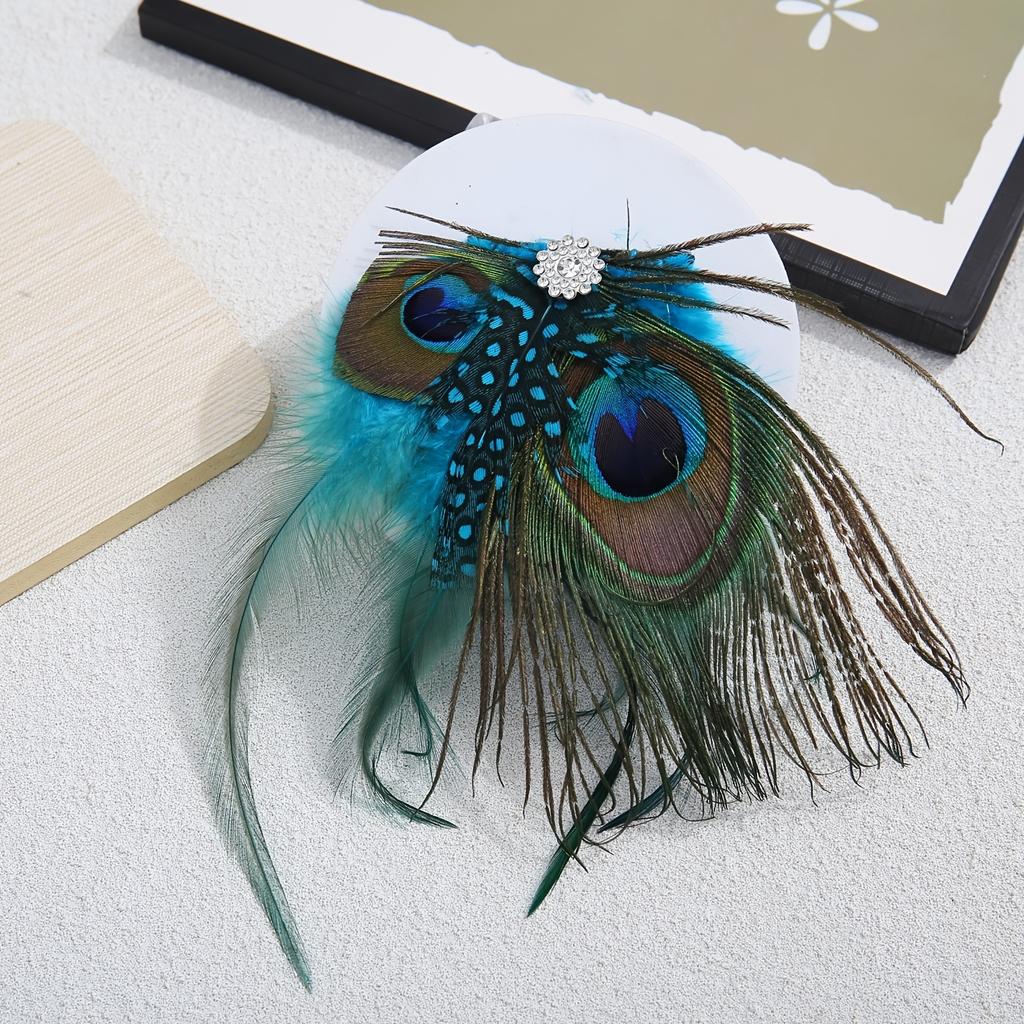 An Artificial Peacock Feather Hair Accessory, Adorned with Rhinestone Floral Clips, for Special Occasions And Stylish Outfits.