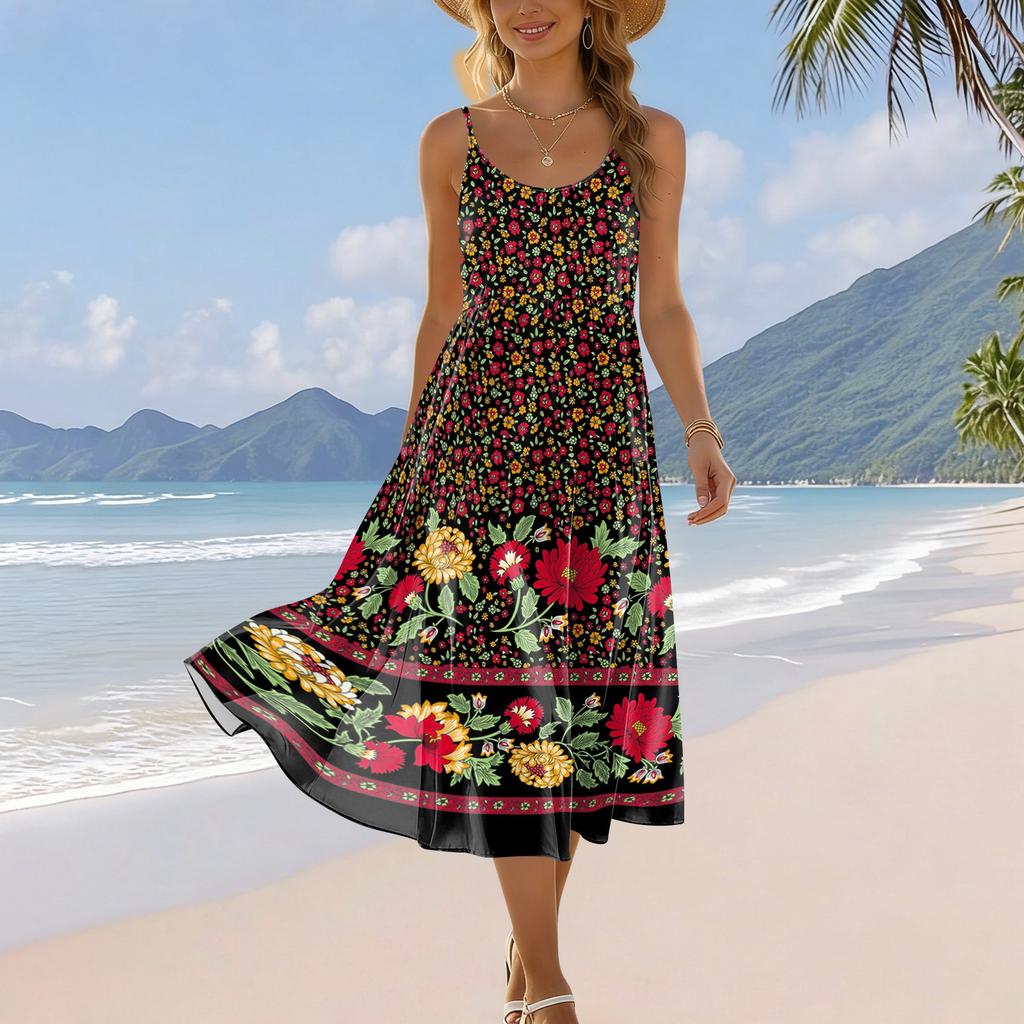 Women's Summer Fashion Printed Pocket Adjustable Shoulder Strap Bohemian Leisure Beach Resort Strap Dress