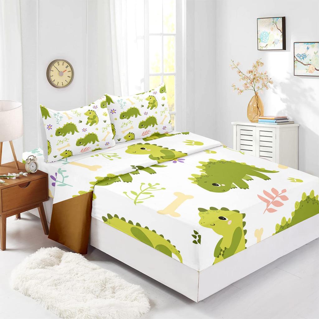 Cartoon animal little dinosaur pattern bed hat four-piece bedding set bedroom dormitory bedding decoration