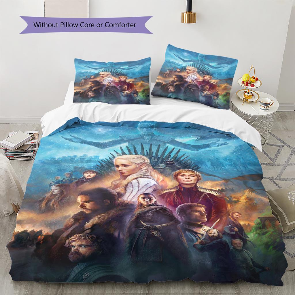 Thrones Game Pattern Bedding Quilt Set Quilt Cover Pillowcase Home Decoration Gift (1 * Duvet Cover + 2 * Pillowcase, Without Core)