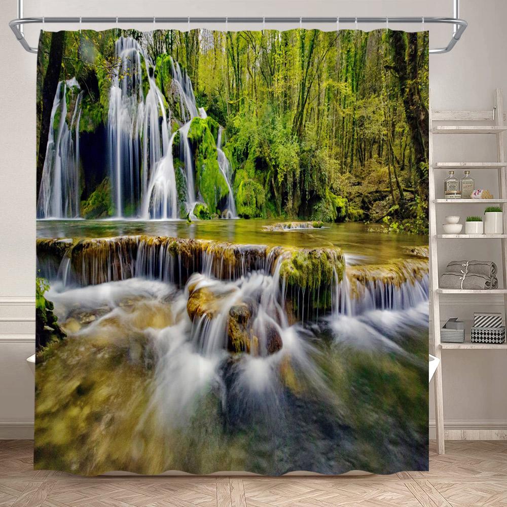 Forest Landscape Shower Curtains Tropical Jungle Palm Plants Waterfall Nature Scenery Fabric Bathroom Curtain Decor With Hooks