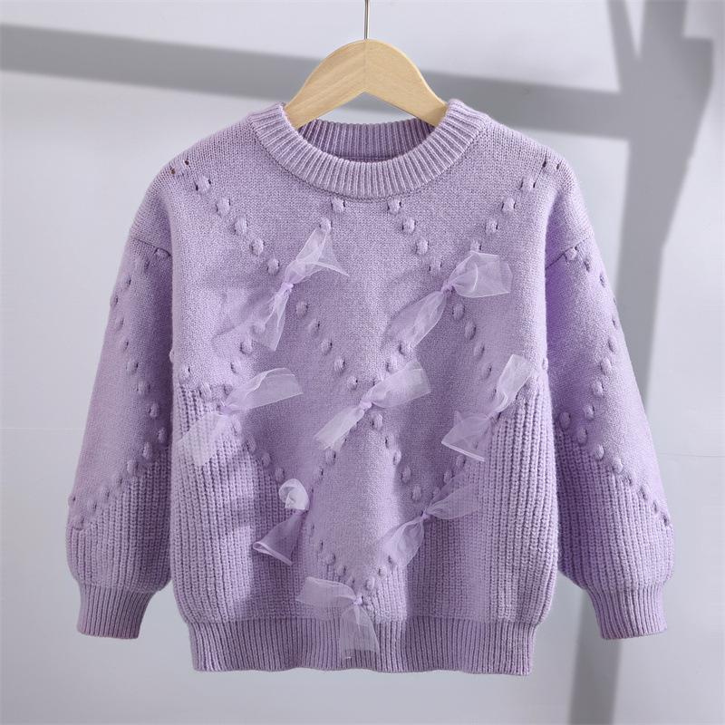 Girls' Fleece-Lined Wool Sweater - Autumn/Winter Knit with Bow, Fashionable Street Style