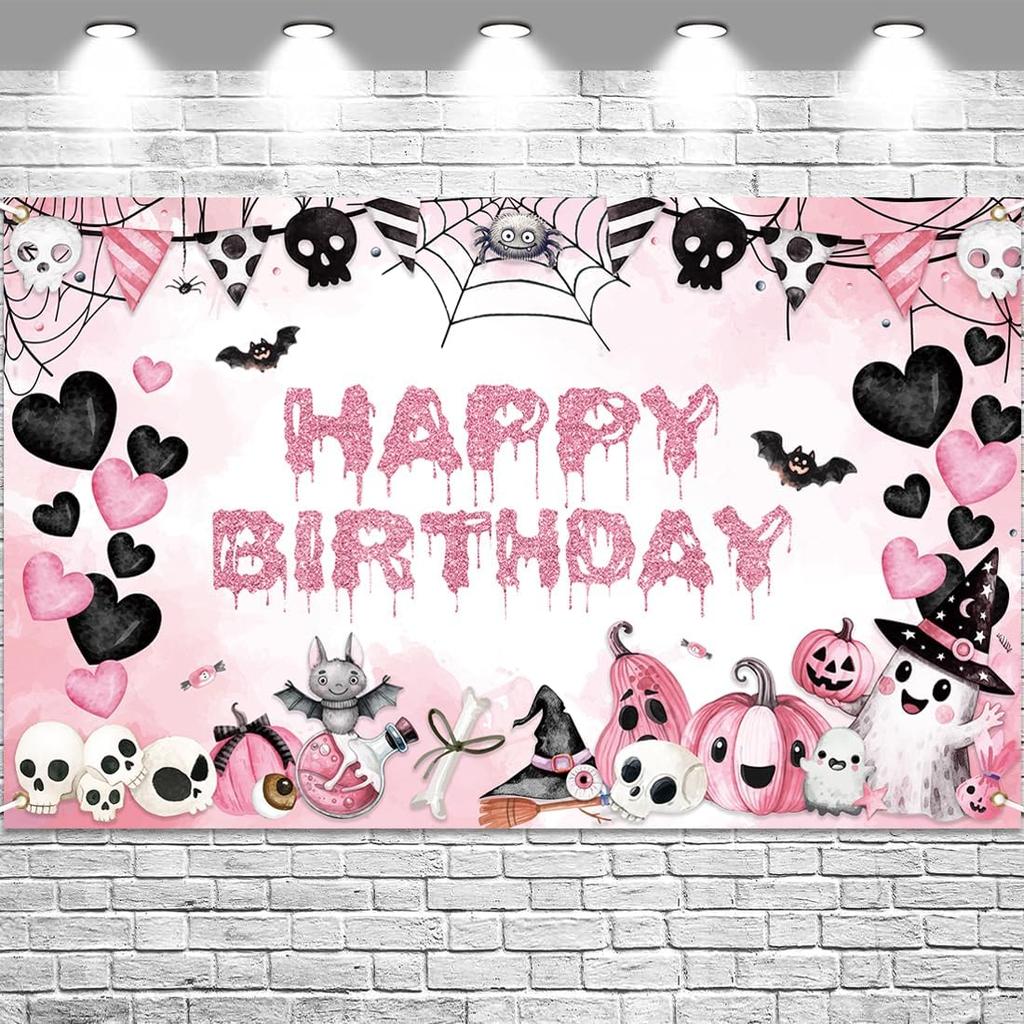 Halloween Birthday Banner Decorations Party Backdrop Pink Heart Skull Garland Sign Background Family Photo for Halloween Birthday Backdrops Theme
