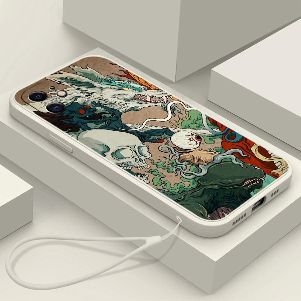 Samsung Galaxy A14 A24 A23 A13 A53 A54 A34 S23 FE for iPhone 11 12 13 14 15 Pro Max Soft Straight Edge Telefonveske Med snordeksel A33 Dragon design