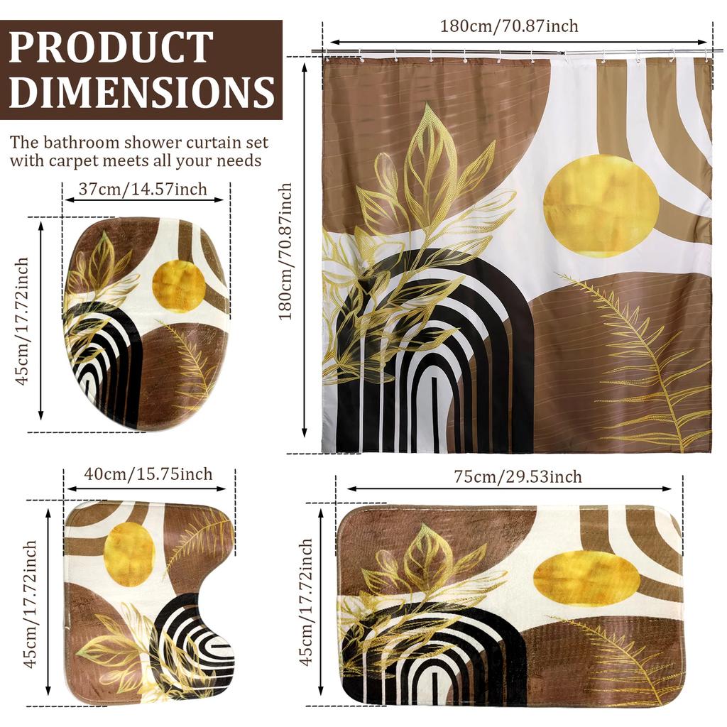 4 Pcs Set Vintage Bath Curtain with Hooks and Rugs Bath Mat U Shape Toilet Lid Cover Mat Waterproof Non Slip for Multiscene