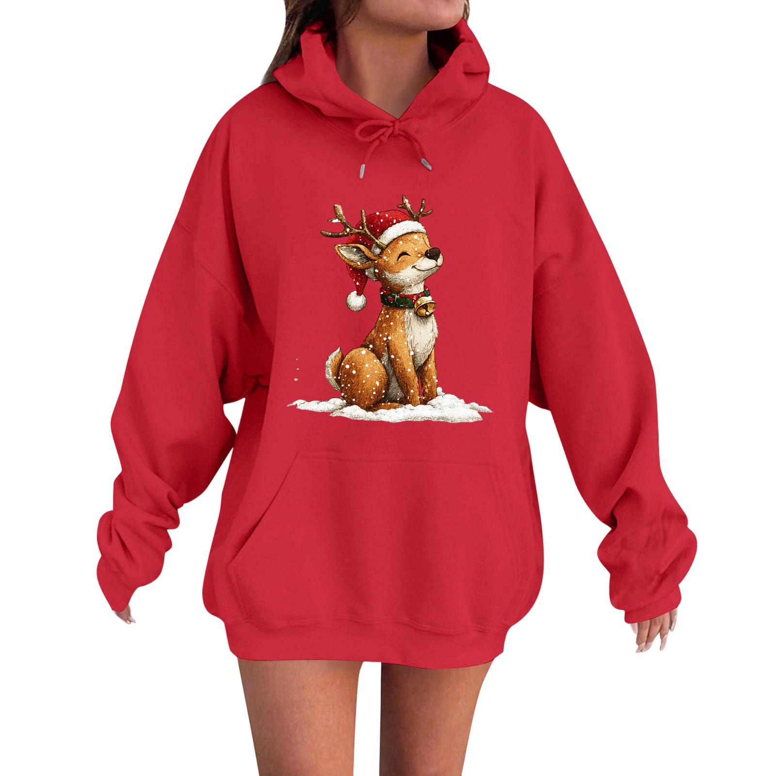 

Женская модная повседневная толстовка с капюшоном и длинными рукавами свободного кроя с рождественским принтом M красный