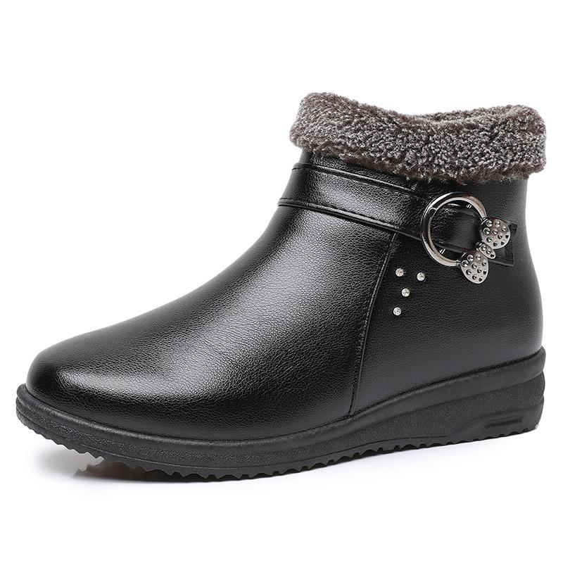 Warm Elderly Cotton Shoes Women's Winter Shoes Fleece Non-slip Flat Sole Soft Sole Comfortable Leather Shoes Lightweight