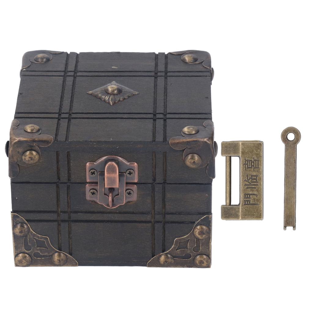 Vintage Wooden Box Retro Antique Decorative Treasure Chest Case Trinket Box with Lock for Storing