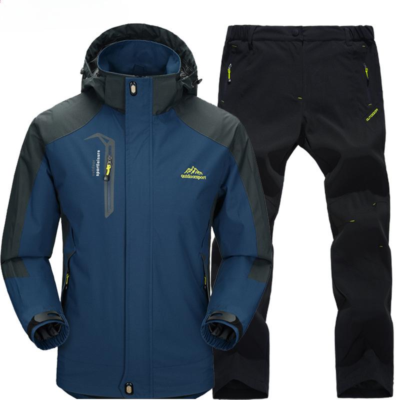 Outdoor Hiking Jacket and Pants Sets Men Autumn Waterproof Windproof Hooded Jackets Trip Mountain Camping Clothes