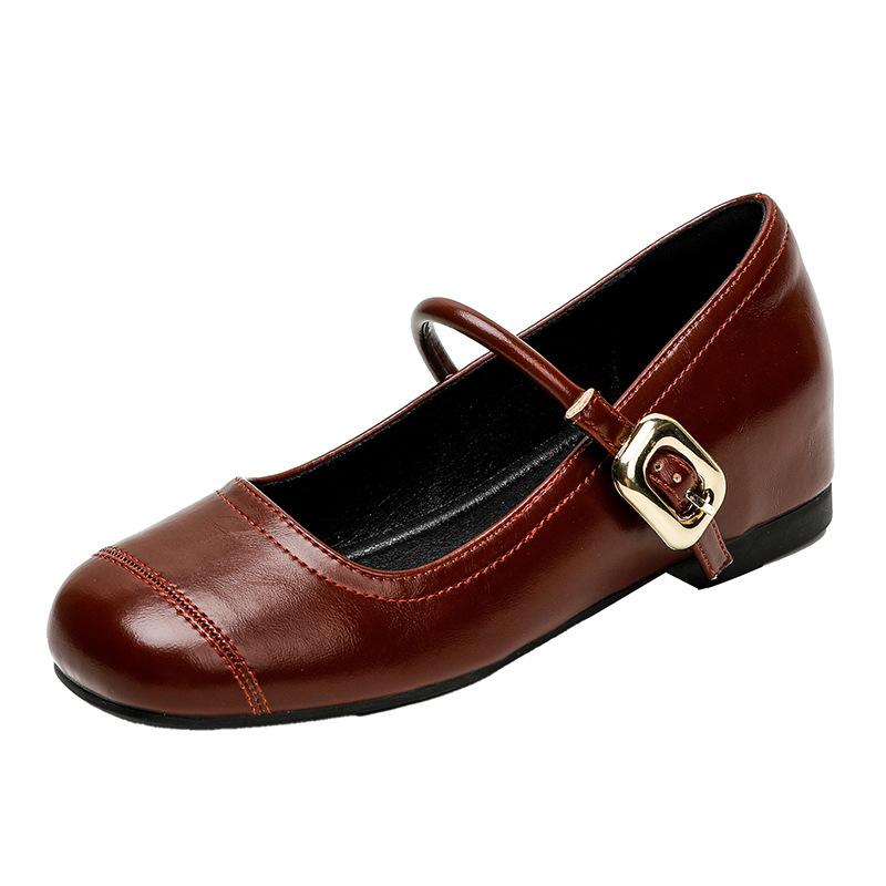 

New versatile small leather shoes inner height increase work shoes high heels single shoes shallow mouth one word buckle Mary Jane women s shoes 34 бордовый