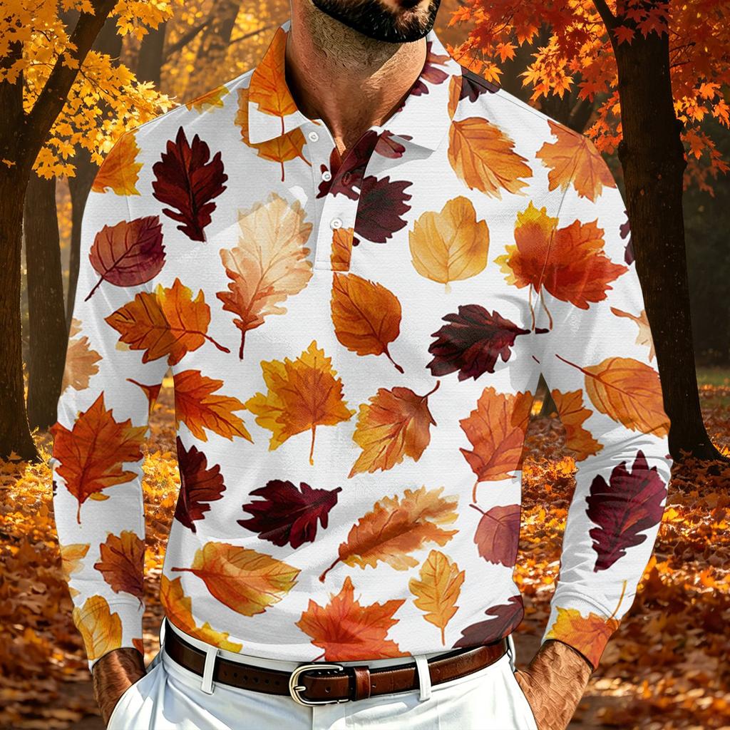 Camicia da Uomo a Maniche Lunghe in Rete con Collo a Revers e Stampa Foglia d'Acero Leggera Traspirante per Autunno e Inverno