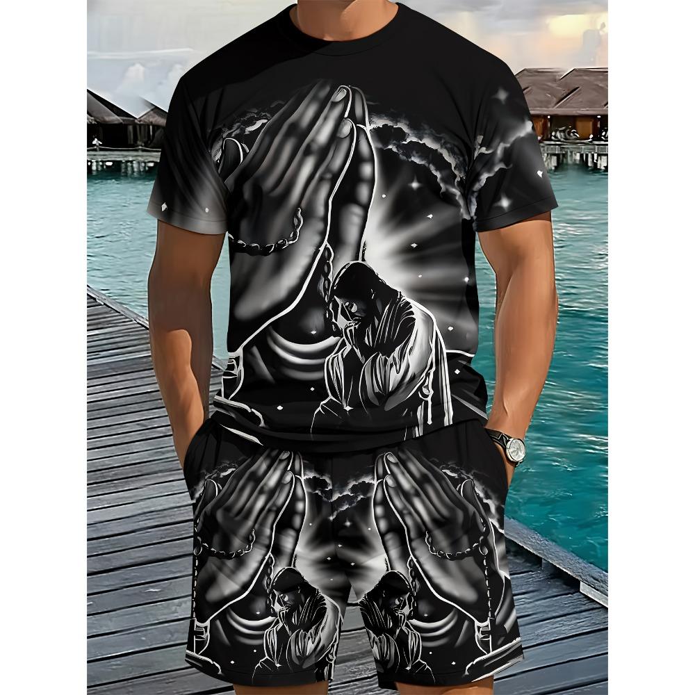 

Men s 3D Digital Printing Round-neck Short-sleeved Set - Dark Style Prayer Hand Print - European-American Religious Style Set XL