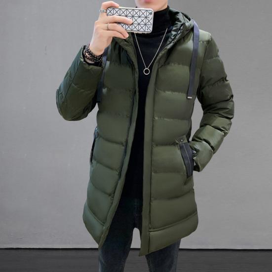 

Yousheng Men Cotton Coat Hooded Long Sleeve Full Zipper Closure Solid Color Jacket with Pockets Mid-length Thickened Quilted Outwear M чёрный