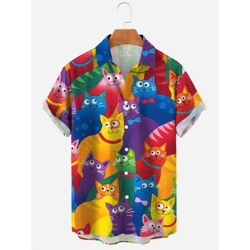 Hawaii Men's Shirt Anime Shirt Cartoon Short-sleeved Tops Summer Casual Men's Clothes Street Animals Cats Retro 3d Tees