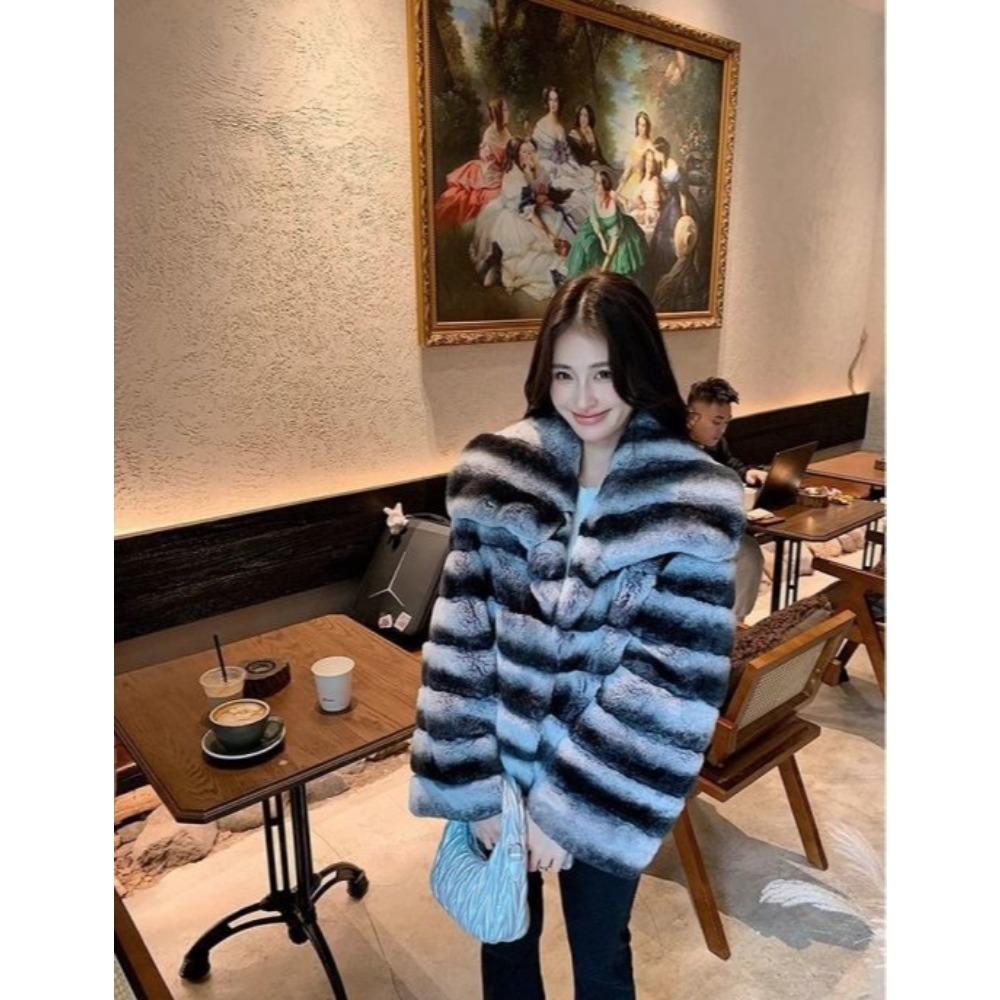 Winter New High-end Fashionable Lady Fur Imitation Rex Rabbit Fur Chinchilla Lapel Fur Coat Short Style Women