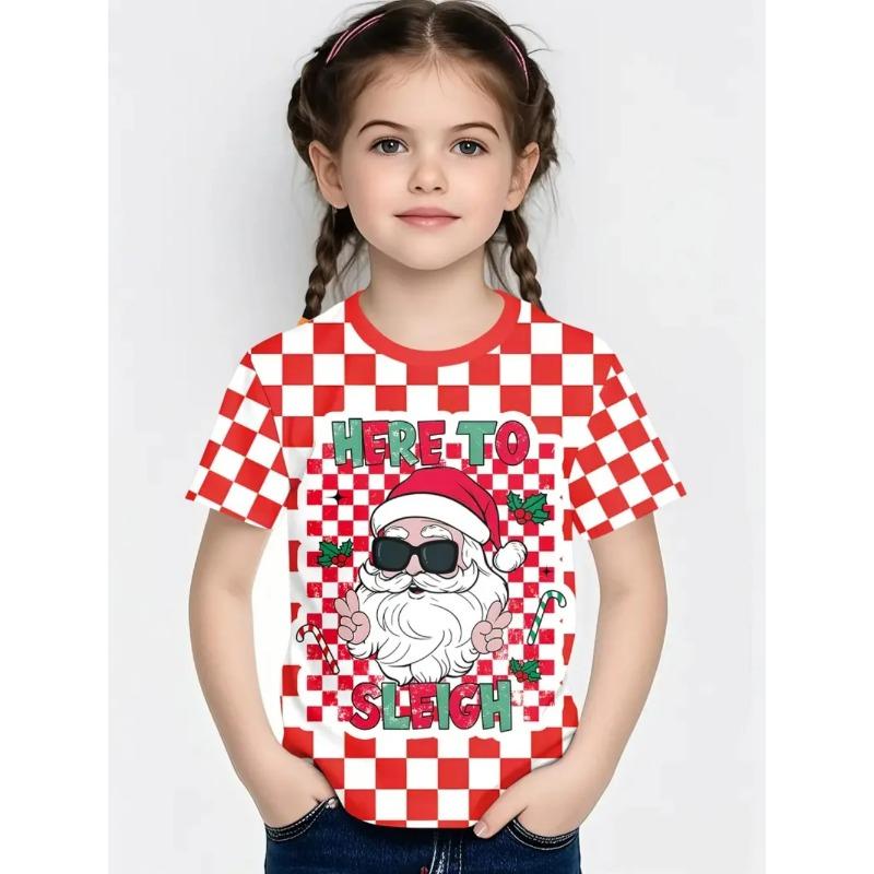 Round Neck 3D Christmas Theme Printed Short Sleeved Children's Girl T-shirts - Soft Medium Stretch Polyester Fabric Summer Relaxed Fit Clothing