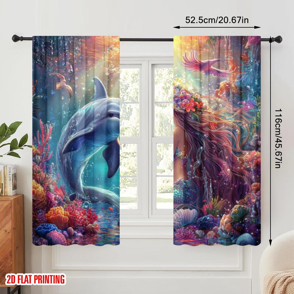 2pcs,2D Plane Printing Curtains Mermaids Ocean Dance Polyester (without Rod) All Seasons for Living Room & Kitchen Decor