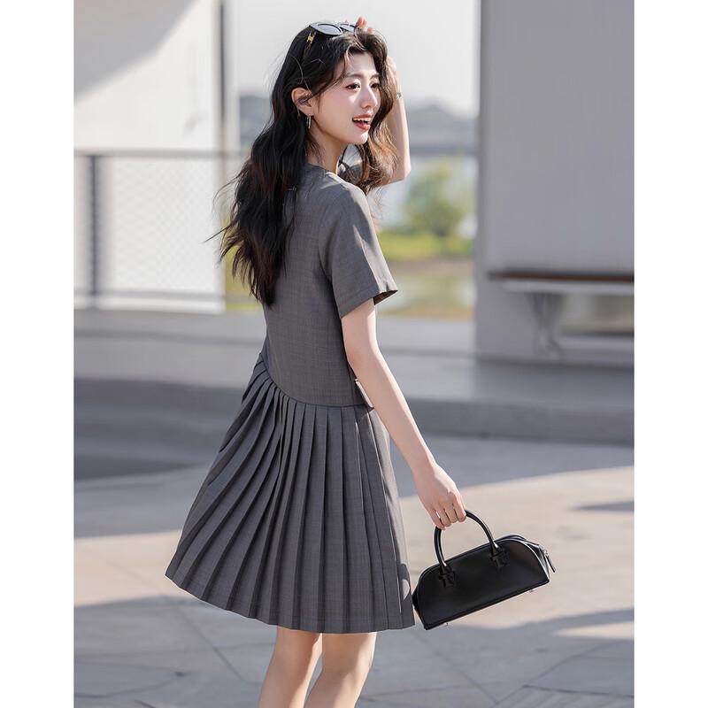 Demana Casual Style Women's Round Neck Pleated A-Line Midi Dress with Pockets
