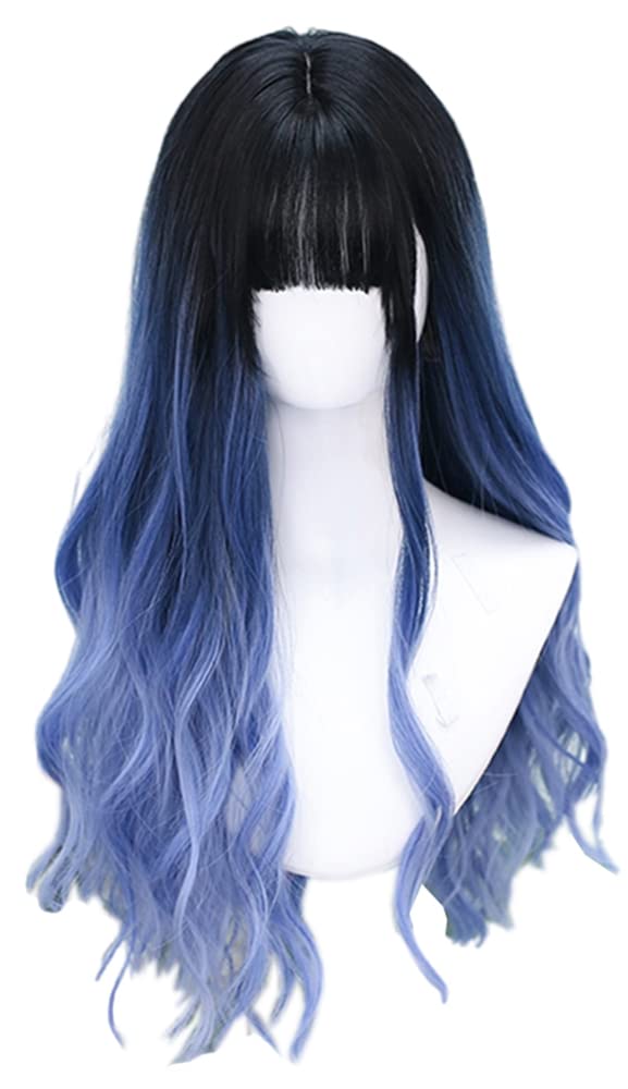 Lolita Wig, GAL Style, Semi-long Wig, Perm, Harajuku Style, Dreamy, Dark, Cute, Cosplay, Party, Lolita Style, Everyday Wig, Black, Blue, Gradient Wig
