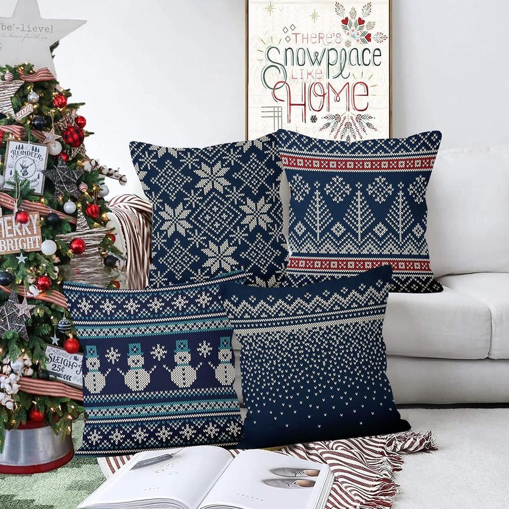 Winter Snowflake Pillowcase 45X45 Pillowcase Navy Blue Christmas Decorations Snowman Throw Pillowcase Cushion Outdoor Courtyard
