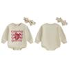 2-Piece Baby Girls Set Football Letter Bow Print Long Sleeve Sweatshirt Romper Headband Adorable Outfits