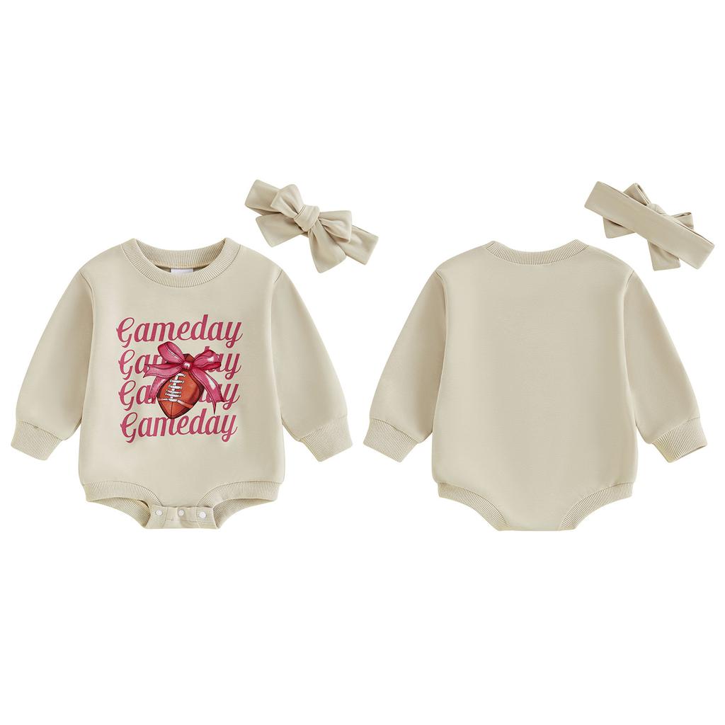 2-Piece Baby Girls Set Football Letter Bow Print Long Sleeve Sweatshirt Romper Headband Adorable Outfits