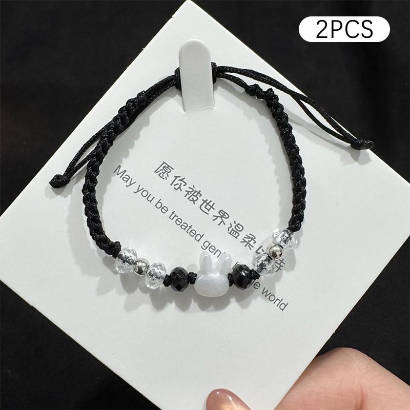 2Pcs Cute Cat Pendant Hand Woven Bracelets  Versatile Women Daily Vacation Wearing Jewelry Gift