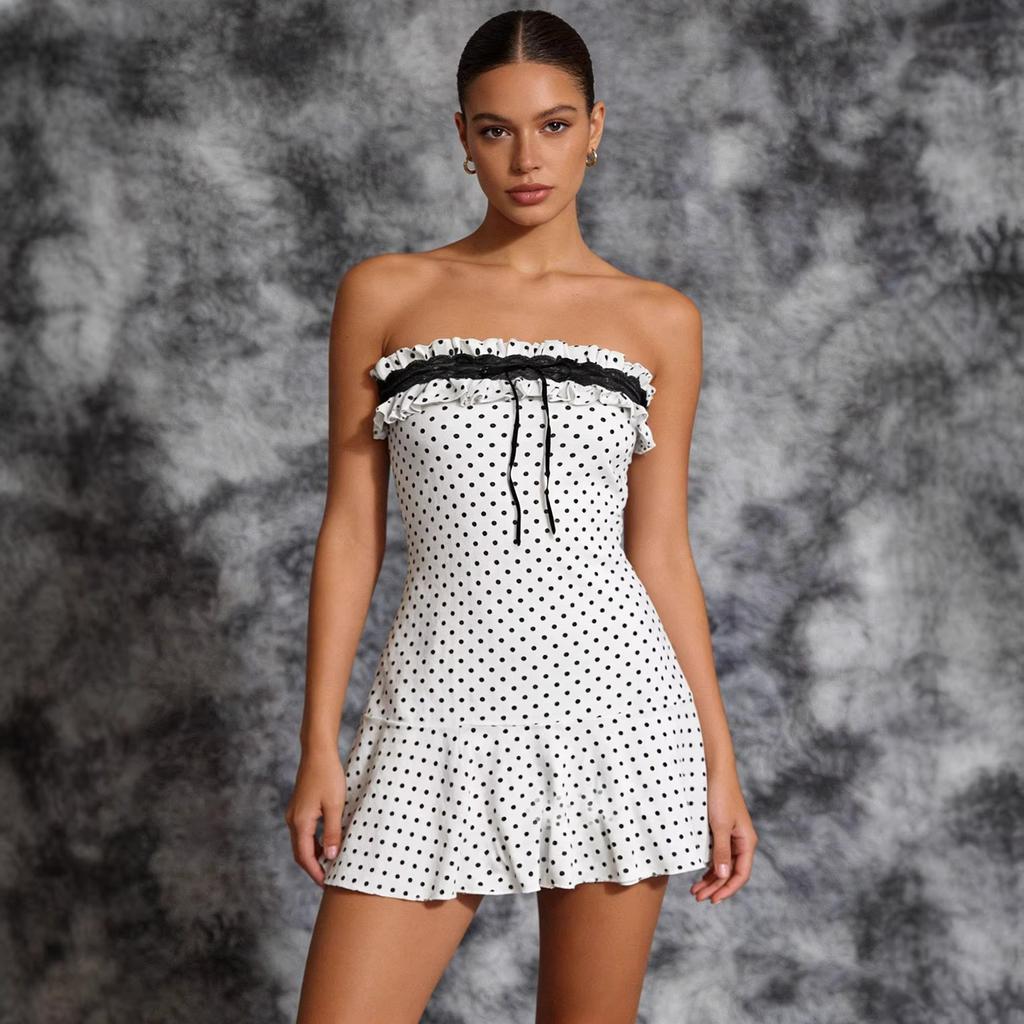 Summer new polka dot sleeveless slim tube top short dress dress white dress bohemian