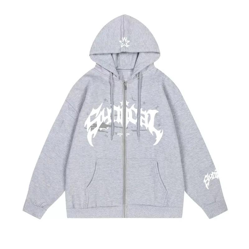 Men's Zipper Retro Sweater Hooded Sweatshirt Letters and Stars Multifunctional Casual Jacket American Style Fashionable 2024