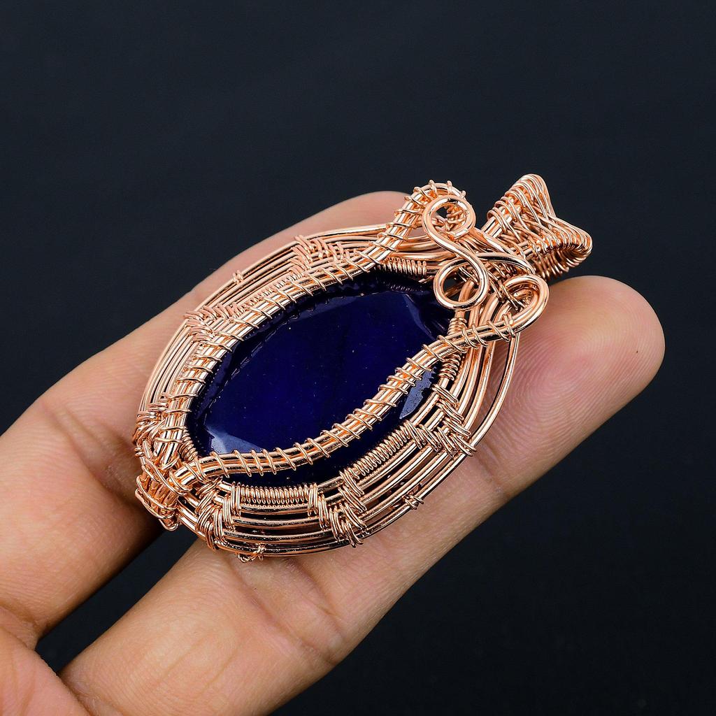 Blue Sapphire Pendant, Handmade Gemstone Pendant, 999 Copper Wire Wrapped Pendant Antique Jewelry, For Engagement Gift