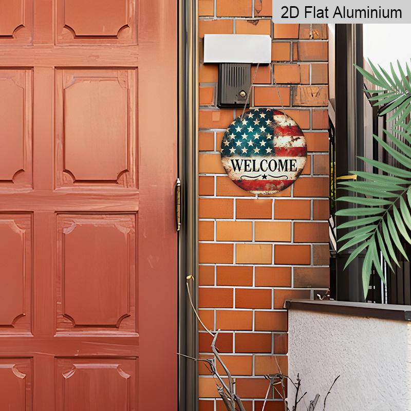 2D Flat 1pc, 8x8 In, Round Printed Aluminum Metal Sign, Welcome Sign with The American Flag, Home Gift Window Decoration, for Porch, Room, Home, Wall
