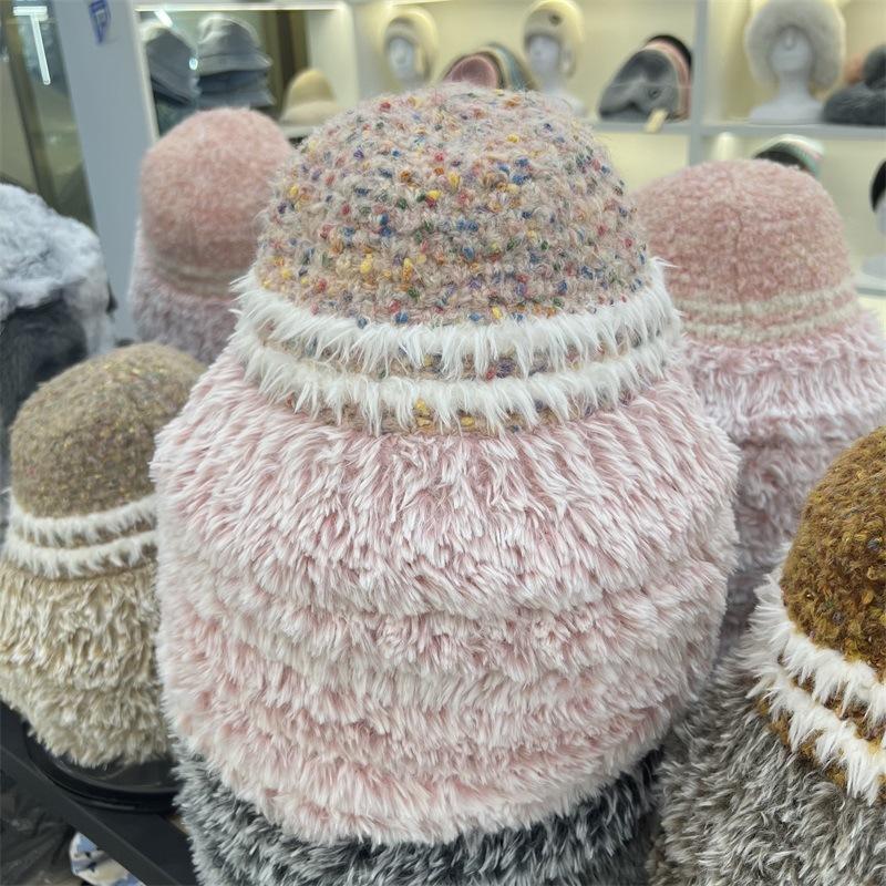 Plush bucket hat women's autumn and winter versatile face small European bucket hat thickened warm knitted basin hat winter