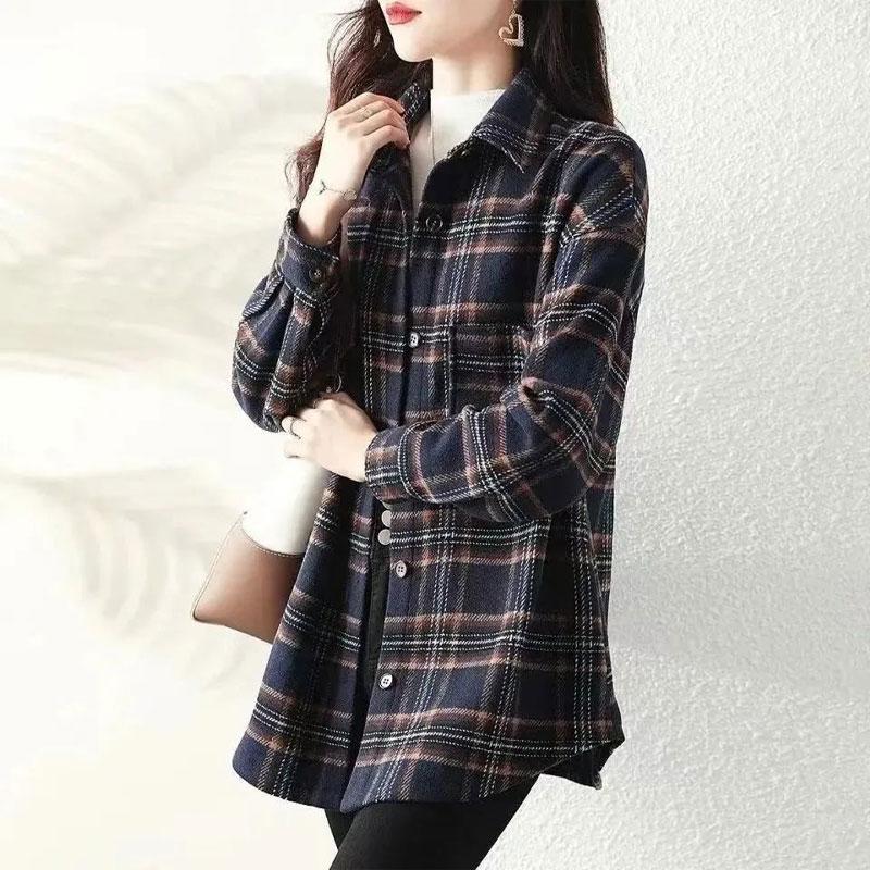Spring Autumn Korean Plaid Loose Blouse Commute Single-breasted Women's Clothing Turn-down Collar Casual Pockets Spliced Shirt